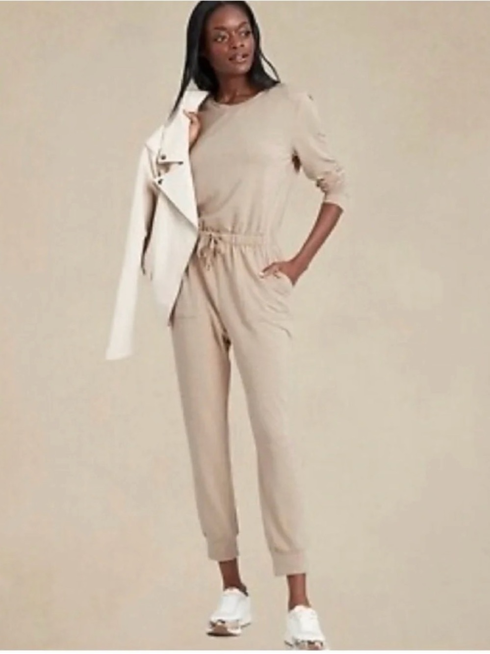 Banana Republic Beige Drawstring-Waist Jumpsuit